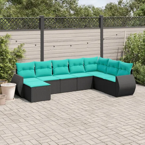 vidaXL 8-delt havesofasæt sort polyrattan med blå hynder