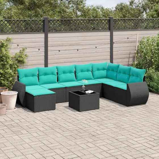 vidaXL havesofasæt 9 dele sort polyrattan med blå hynder