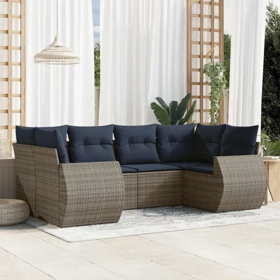 vidaXL Havesofasæt 6 dele grå polyrattan med marineblå hynder