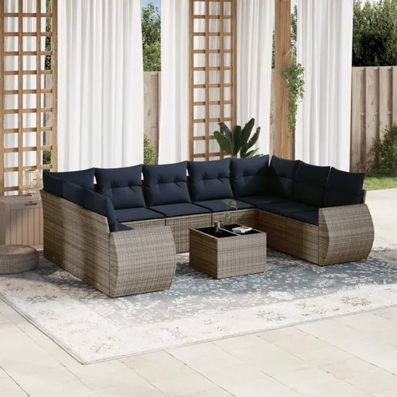 vidaXL Havesofasæt 10 dele grå polyrattan med glasbord
