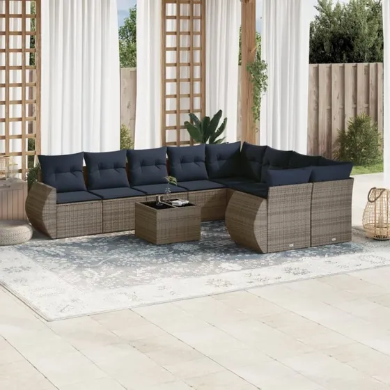 vidaXL Havesofasæt 10 dele grå polyrattan med marineblå hynder