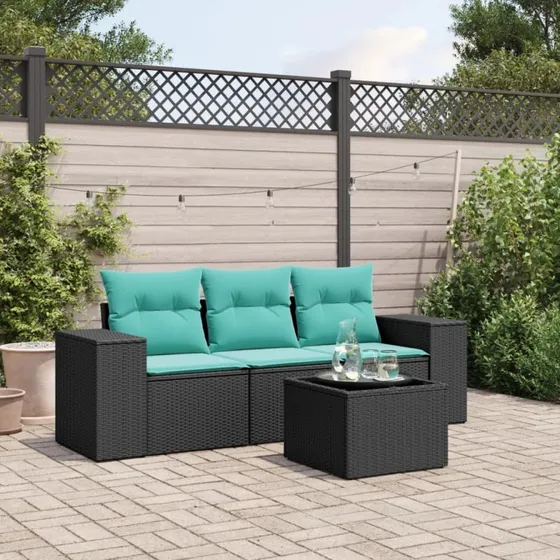 vidaXL havesofasæt 4 dele sort polyrattan med glasbord