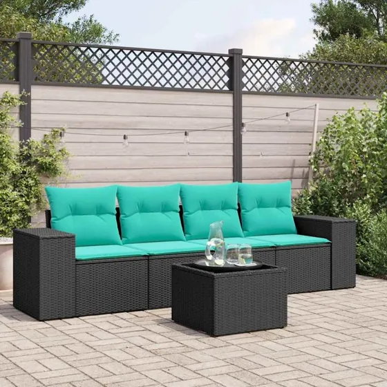 vidaXL havesofasæt 5 dele sort polyrattan med blå hynder