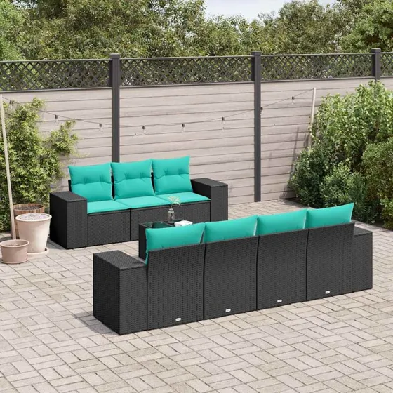 vidaXL 8-delt havesofasæt sort polyrattan med blå hynder
