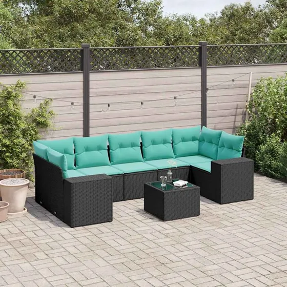 vidaXL 8-delt havesofasæt sort polyrattan med blå hynder