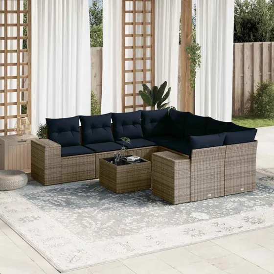 vidaXL Havesofasæt 9 dele grå polyrattan med marineblå hynder