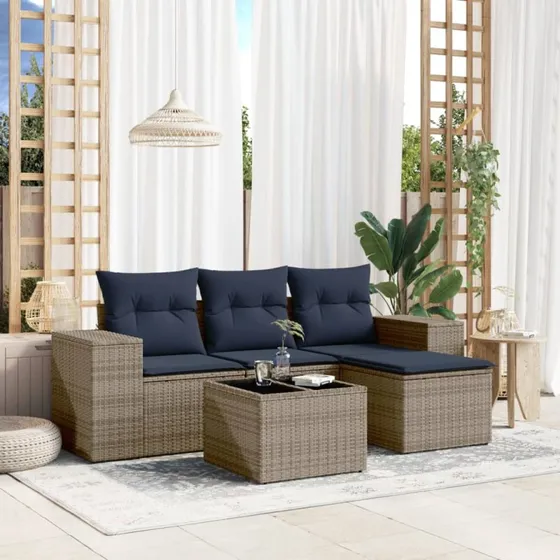 vidaXL Havesofasæt 5 dele grå polyrattan med glasbord