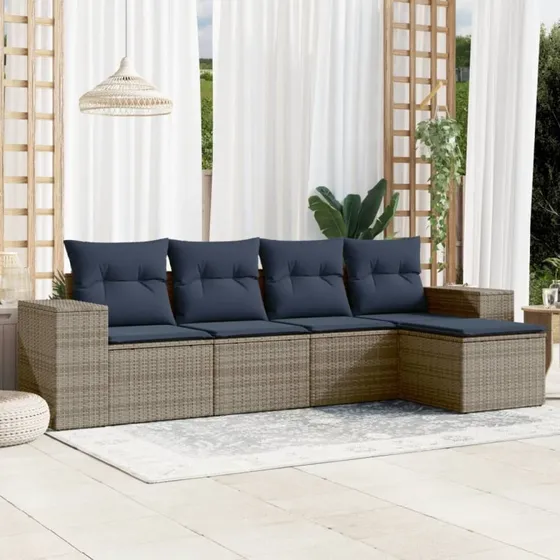 vidaXL Havesofasæt 5 dele grå polyrattan med hynder