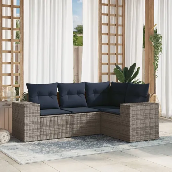 vidaXL havesofasæt 4 dele grå polyrattan med marineblå hynder