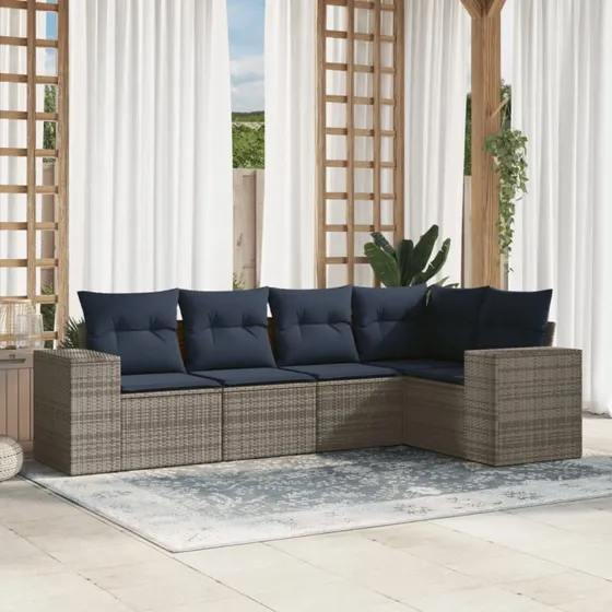 vidaXL Havesofasæt 5 dele grå polyrattan med marineblå hynder