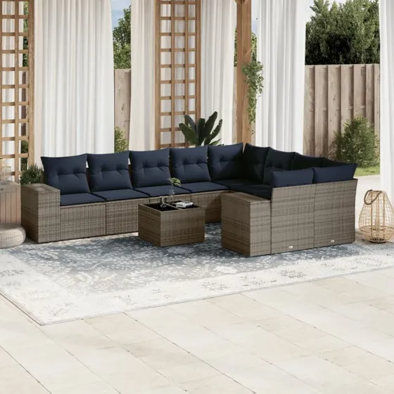 vidaXL 10-del havesofasæt grå polyrattan med marineblå hynder