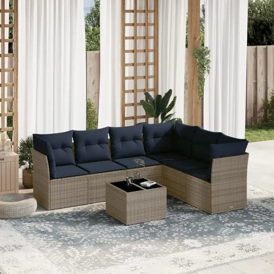 vidaXL 7-del havesofasæt grå polyrattan med marineblå hynder