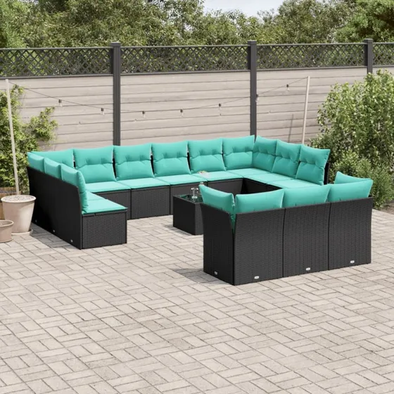 vidaXL 14-delt havesofasæt sort polyrattan med blå hynder