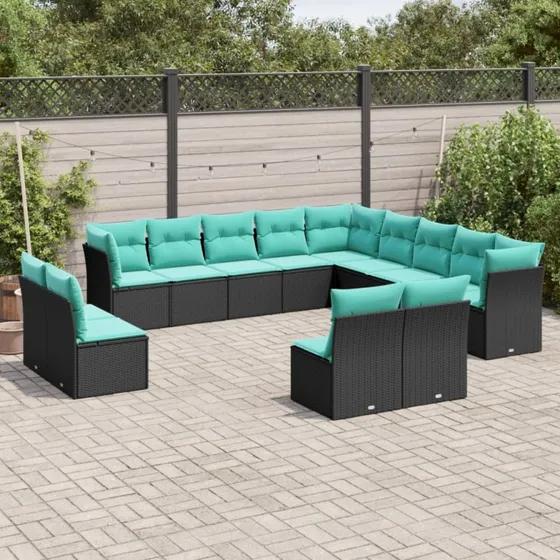 vidaXL 13-delt havesofasæt sort polyrattan med blå hynder