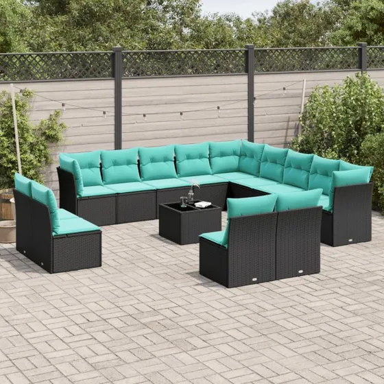 vidaXL 14-delt havesofasæt sort polyrattan med blå hynder