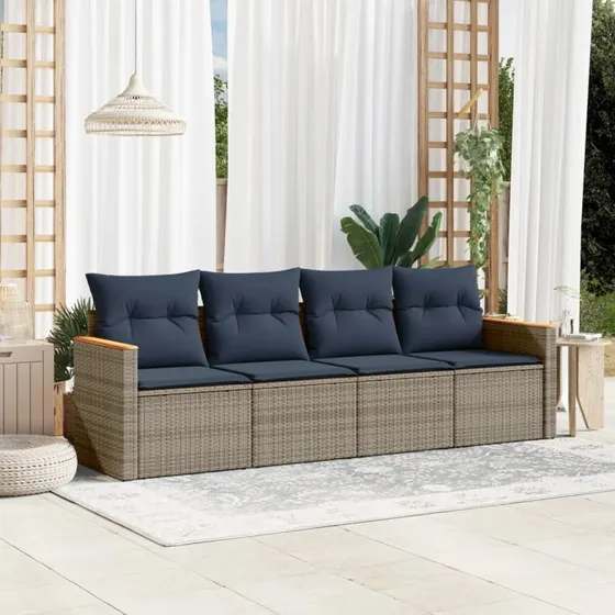 vidaXL Havesofasæt 4 dele grå polyrattan med marineblå hynder