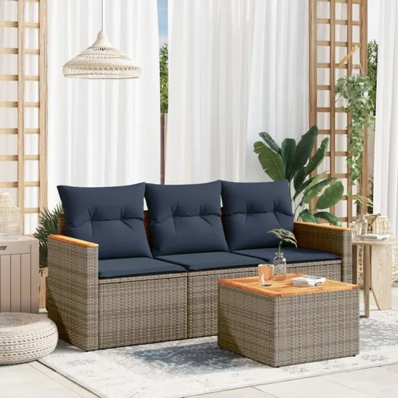 vidaXL Havesofasæt 4 dele grå polyrattan med hynder