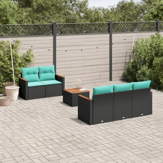vidaXL havesofasæt 6-personer sort polyrattan med blå hynder