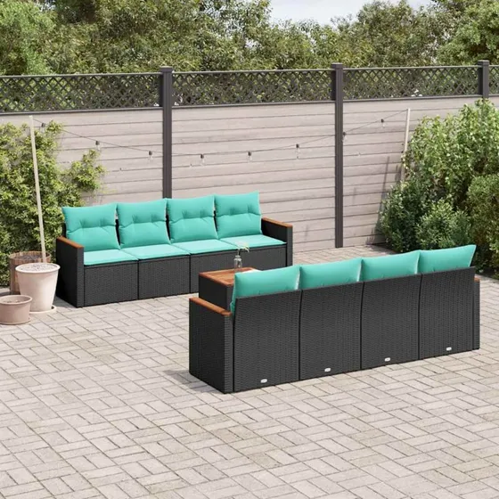 vidaXL 9-deligt havesofasæt med sort polyrattan og blå hynder