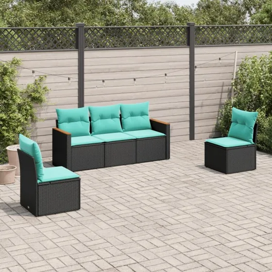 vidaXL Havesofasæt 5-del, sort polyrattan med blå hynder