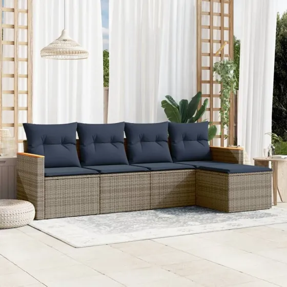 vidaXL 5-del havesofasæt med grå polyrattan og marineblå puder