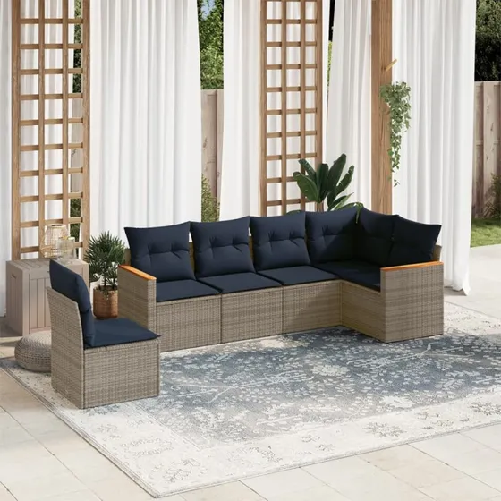 vidaXL 6-del havesofasæt med grå polyrattan og marineblå puder
