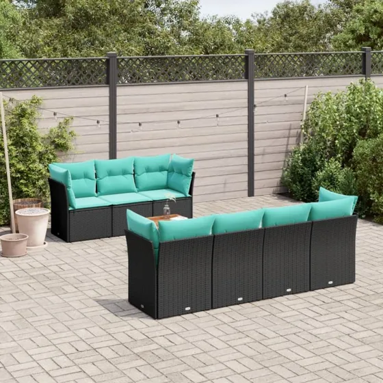 vidaXL 8-deligt polyrattan havesofasæt med blå hynder, sort