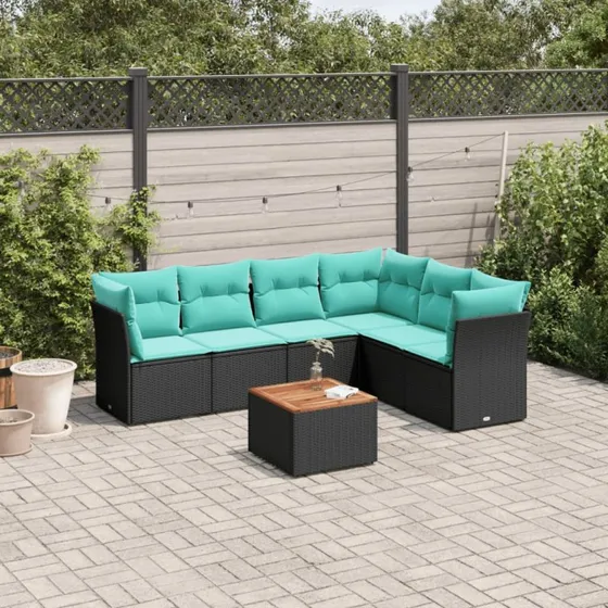 vidaXL 7-deligt havesofasæt polyrattan sort med hynder