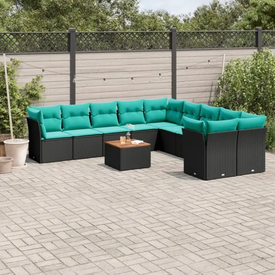 vidaXL 11-deligt havesofasæt i polyrattan med hynder, sort