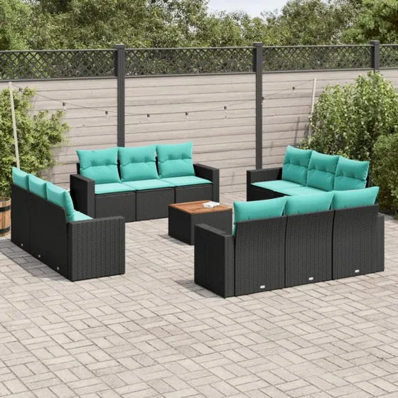 vidaXL 13-deligt polyrattan havesofasæt med sort rattan og blå hynder