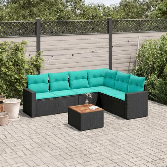 vidaXL 7-delssæt polyrattan med hynder, sort