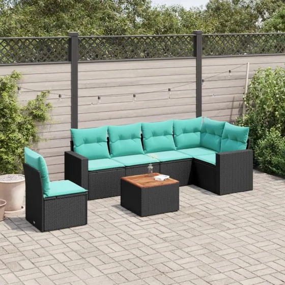 vidaXL 7-delssæt polyrattan med hynder, sort