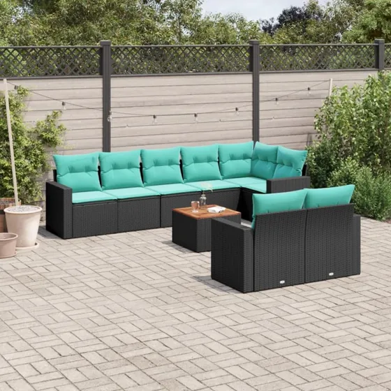 vidaXL 9-deligt havesofasæt i polyrattan med blå hynder, sort