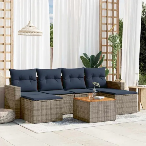 vidaXL 7-del havesofasæt grå polyrattan med hynder