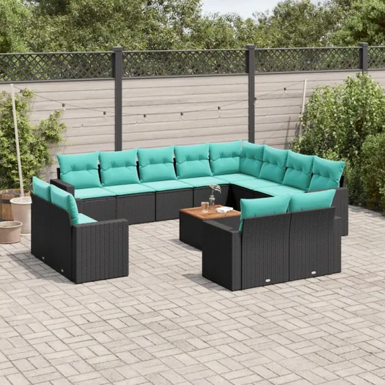 vidaXL 13-deligt havesofasæt i polyrattan med blå hynder, sort