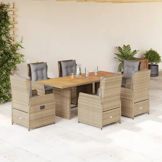 vidaXL 7-delers spisebordssæt med hynder i polyrattan, beige