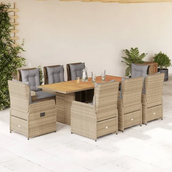 vidaXL 9-delers polyrattan spisebordssæt med hynder, beige