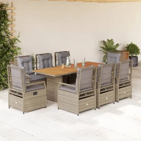 vidaXL spisebordssæt 9 dele polyrattan beige med hynder