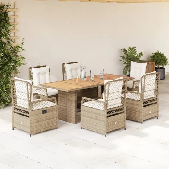 vidaXL 7-delssæt polyrattan beige med justerbart ryglæn