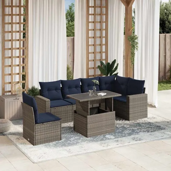 vidaXL 7-del havesofasæt grå polyrattan med hævebord