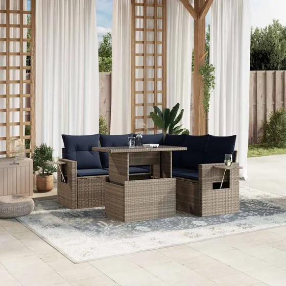 vidaXL Havesofasæt 6 dele grå polyrattan med hæve/sænke-bord