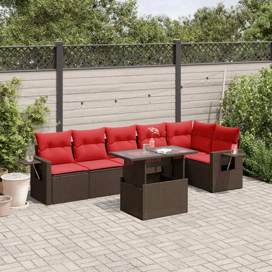 vidaXL havesofasæt 7-pers brun polyrattan med løftbart bord