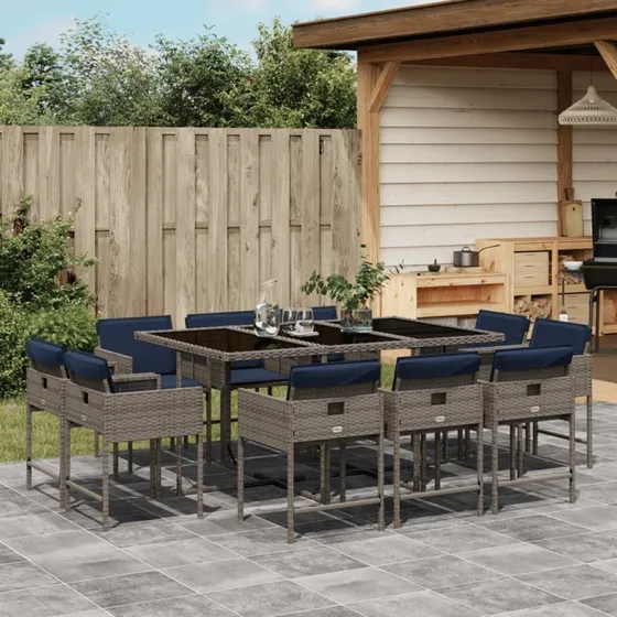 vidaXL 11-delt havespisesæt grå polyrattan med marineblå hynder