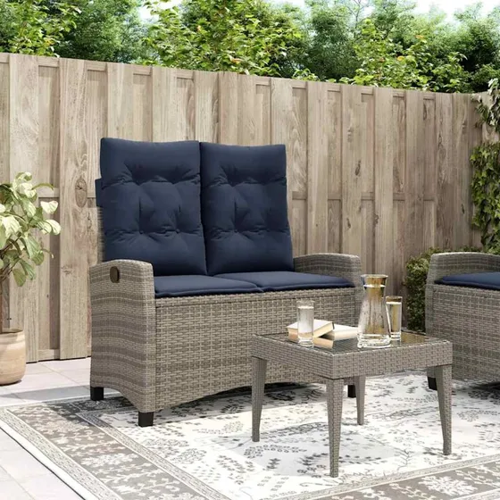 vidaXL havebænk med hynder og lænefunktion i polyrattan grå 2-personer