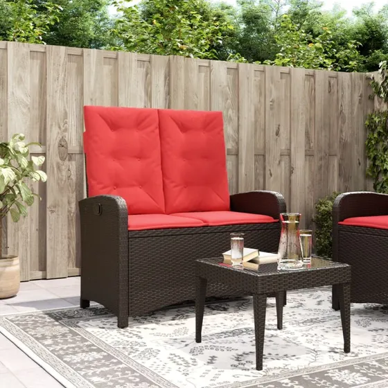 vidaXL havebænk med hynder og lænefunktion i polyrattan brun