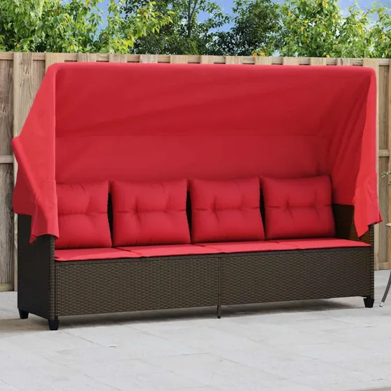 vidaXL loungesofa med udtrækkelig baldakin og røde hynder, brun