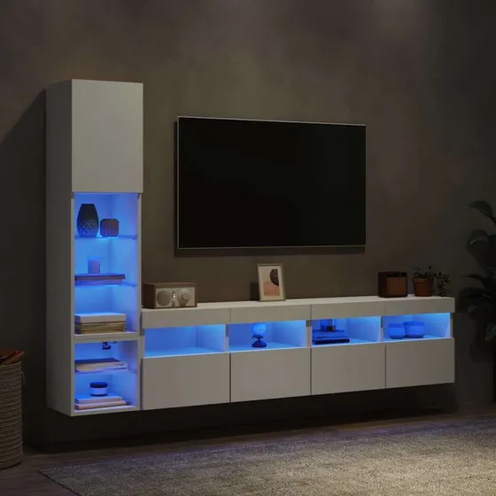 vidaXL Væg-TV-møbel 4 dele, hvid, konstrueret træ med RGB-LED