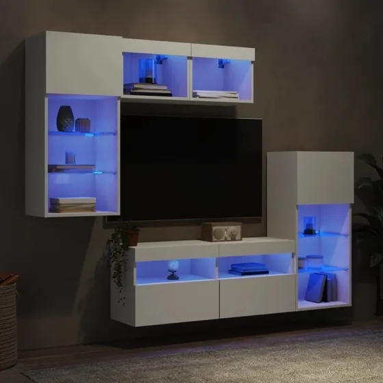 vidaXL Væghængt tv-møbel 5 dele hvid konstrueret træ med RGB LED-lys