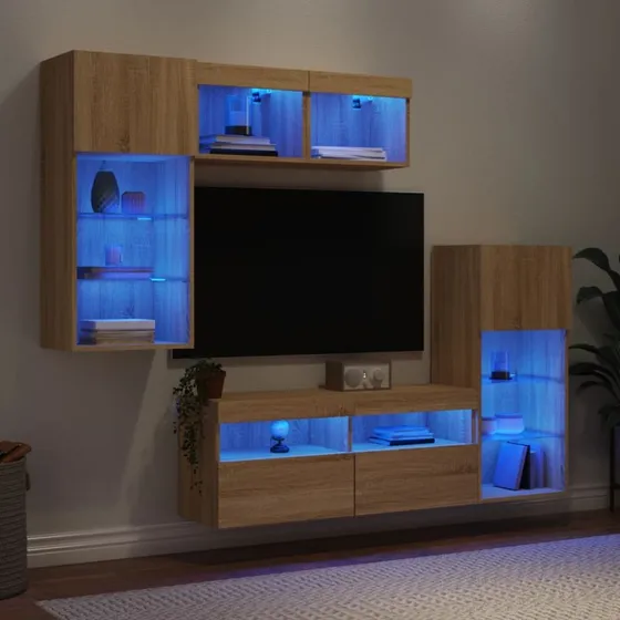 vidaXL Tv-møbel til væg 5 dele, konstrueret træ i sonoma-eg med RGB LED-lys
