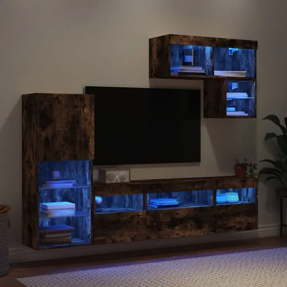 vidaXL Røget Eg Tv-Møbel til Væg 6 Deler med RGB LED